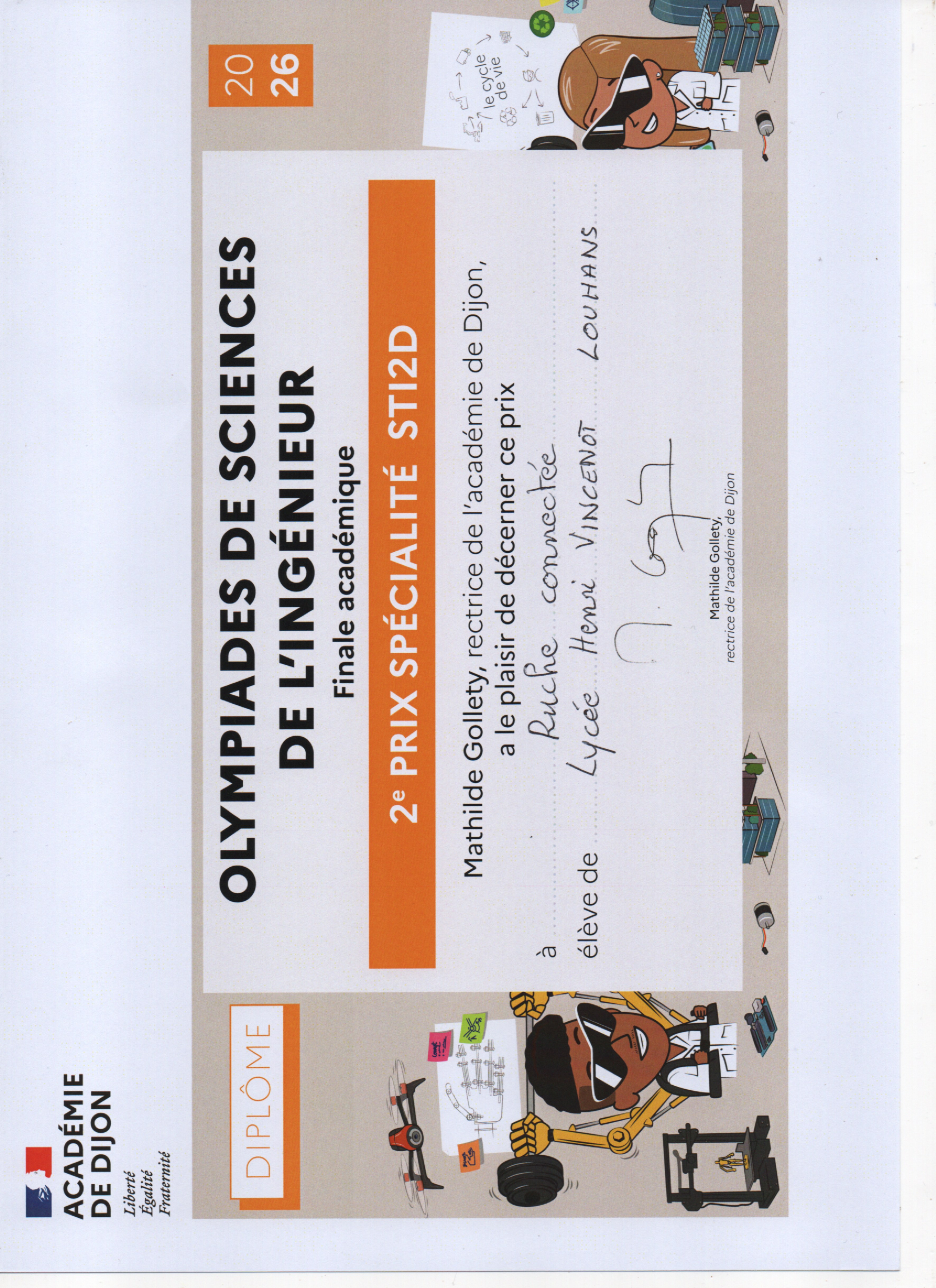 Diplôme Olympiades de Sciences de l'Ingénieur — 2e Prix